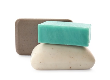 Photo of Different soap bars on white background. Personal hygiene