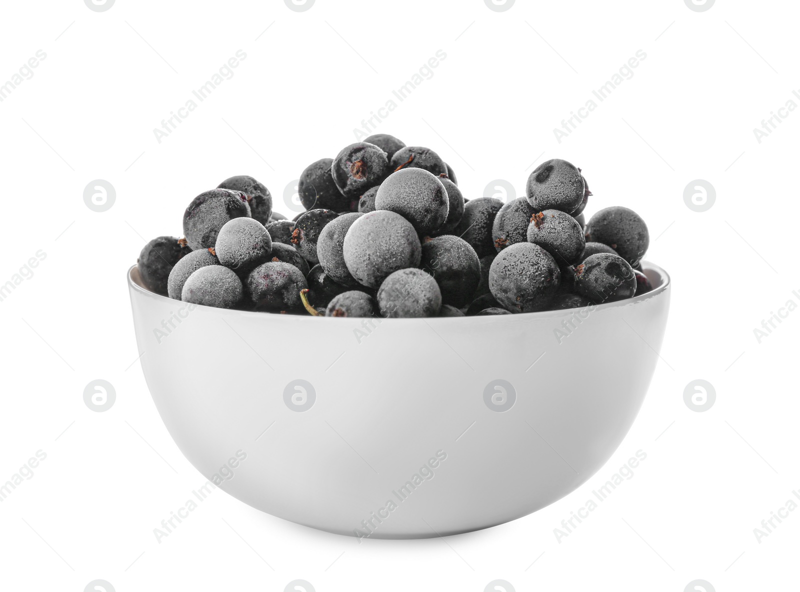 Photo of Tasty frozen black currants in bowl isolated on white