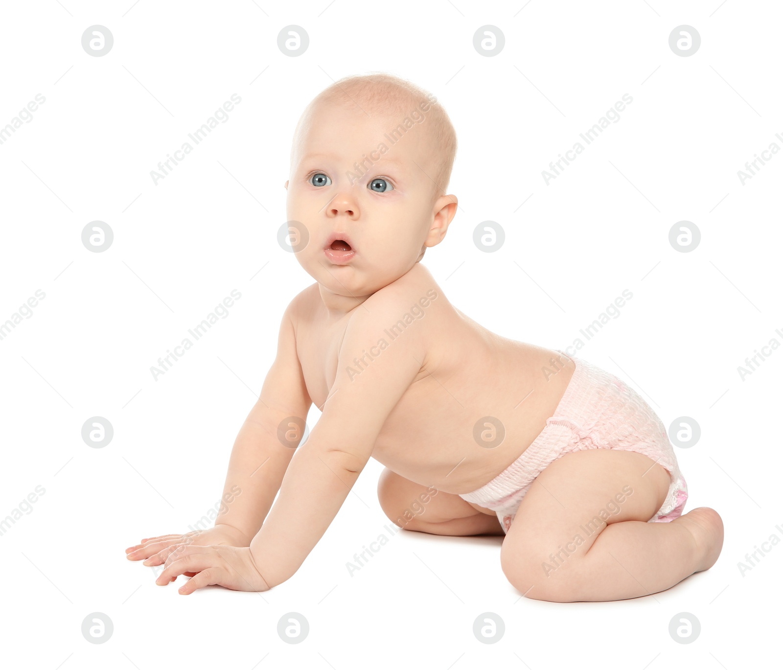 Photo of Cute little baby on white background. Crawling time