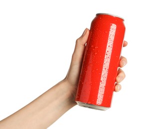 Photo of Woman holding red aluminum can on white background, closeup