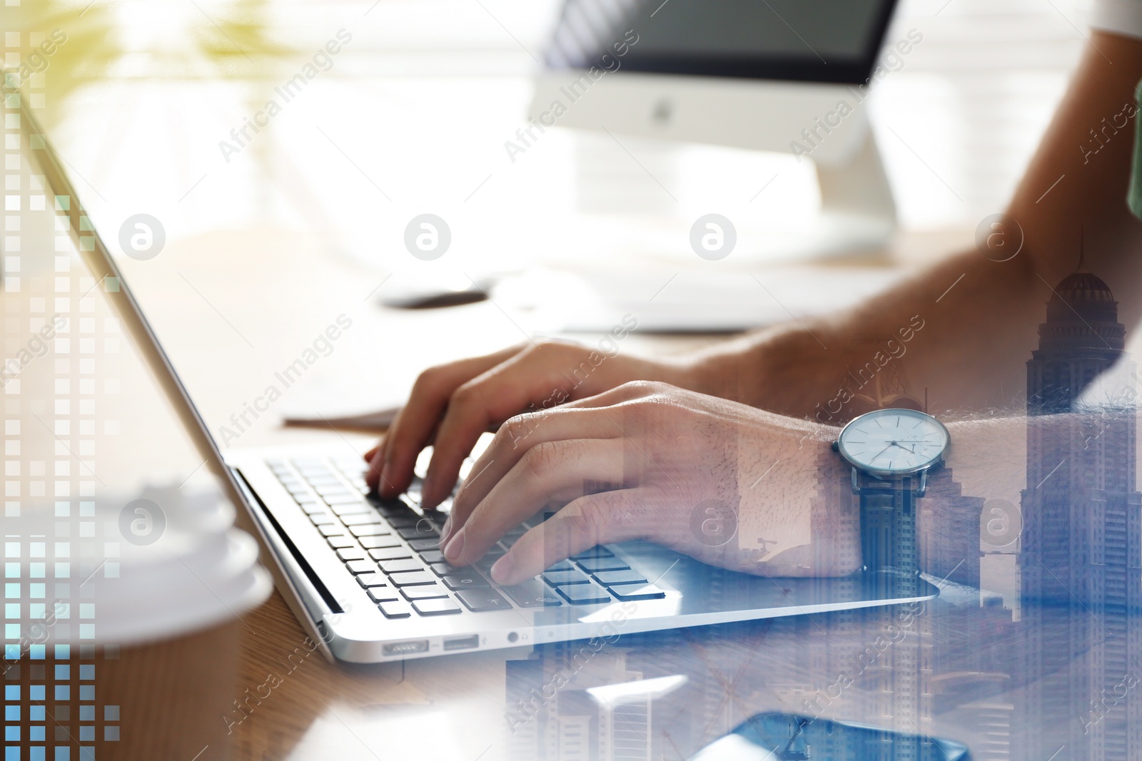 Image of Innovation concept. Double exposure of man working on laptop and cityscape