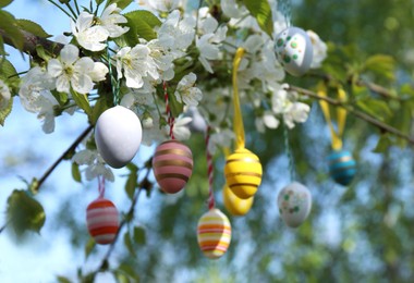 Beautifully painted Easter eggs hanging on blooming tree outdoors, space for text