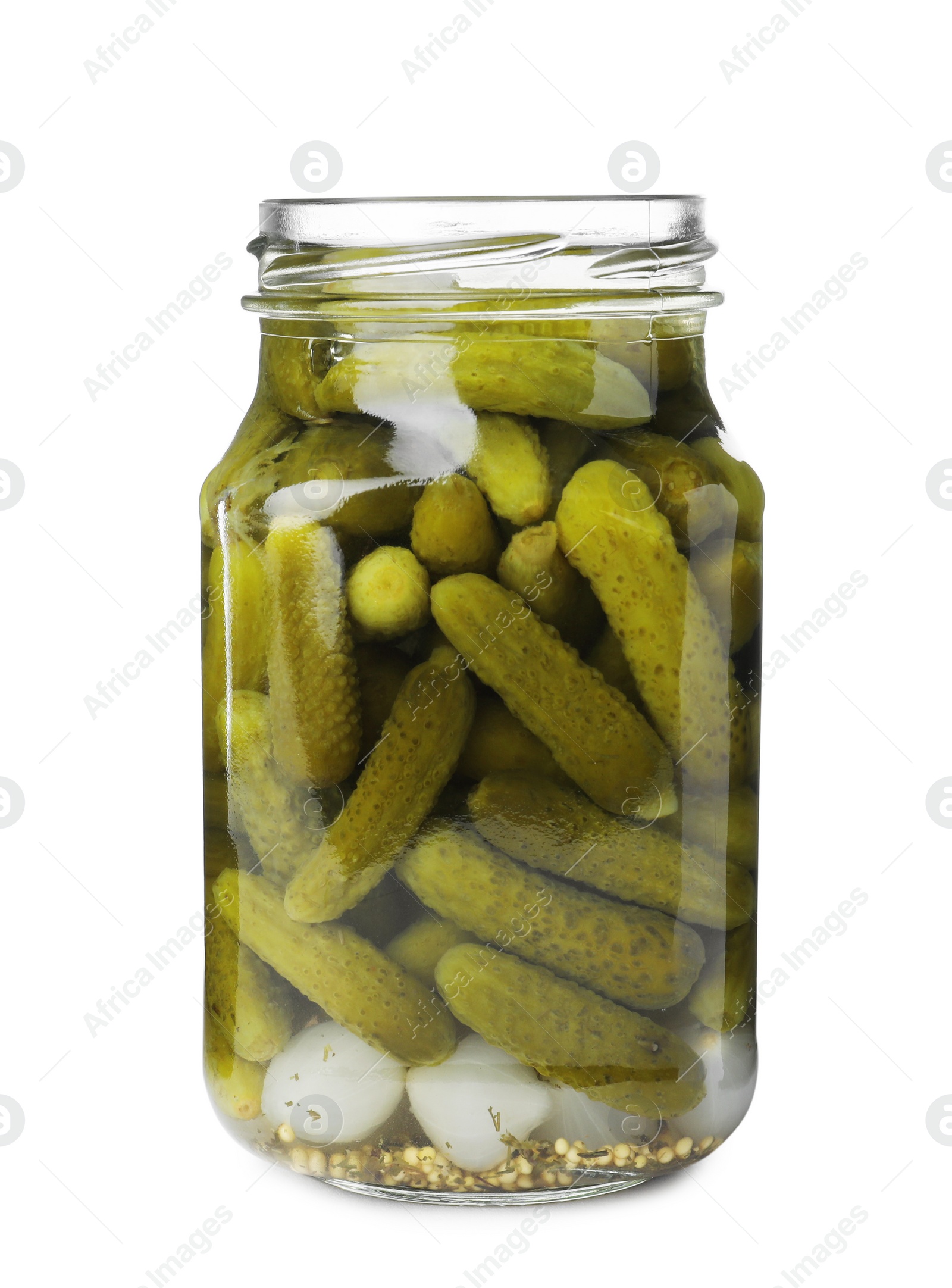 Photo of Jar with pickled gherkins on white background