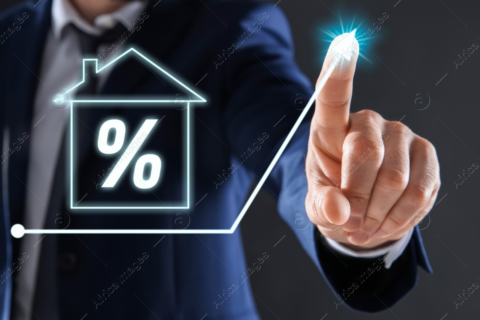 Image of Mortgage. Man drawing arrow up and near house with percent sign on virtual screen against grey background, closeup