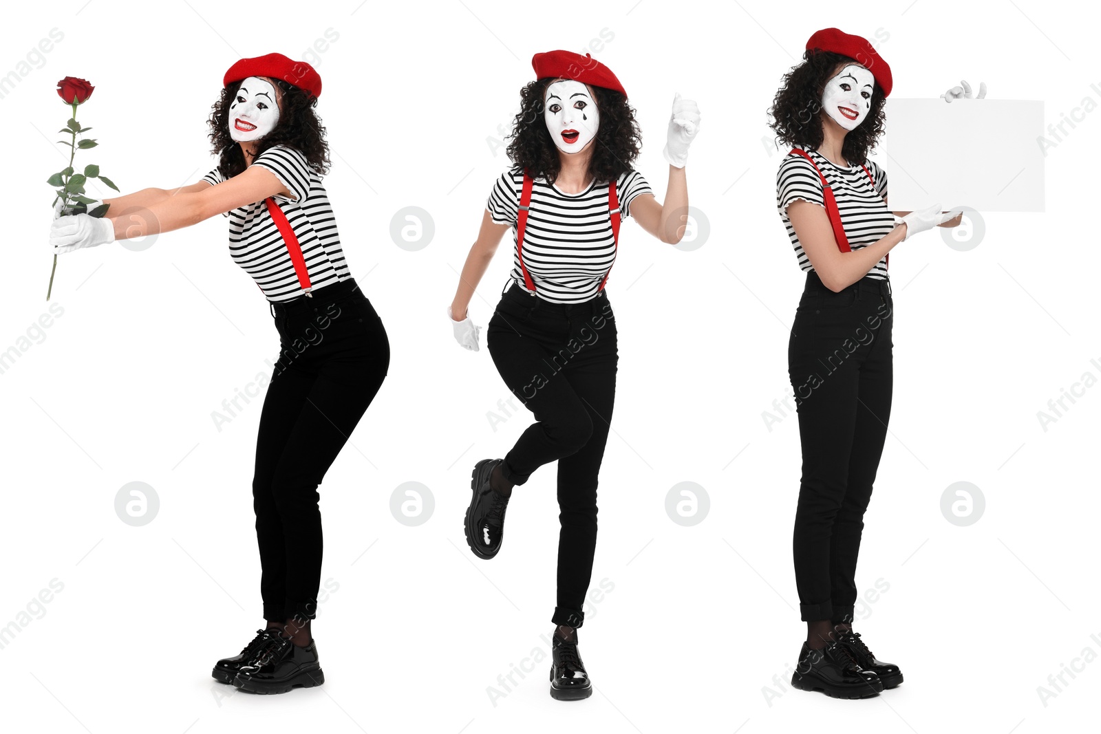 Image of Funny mime posing on white background, set of photos