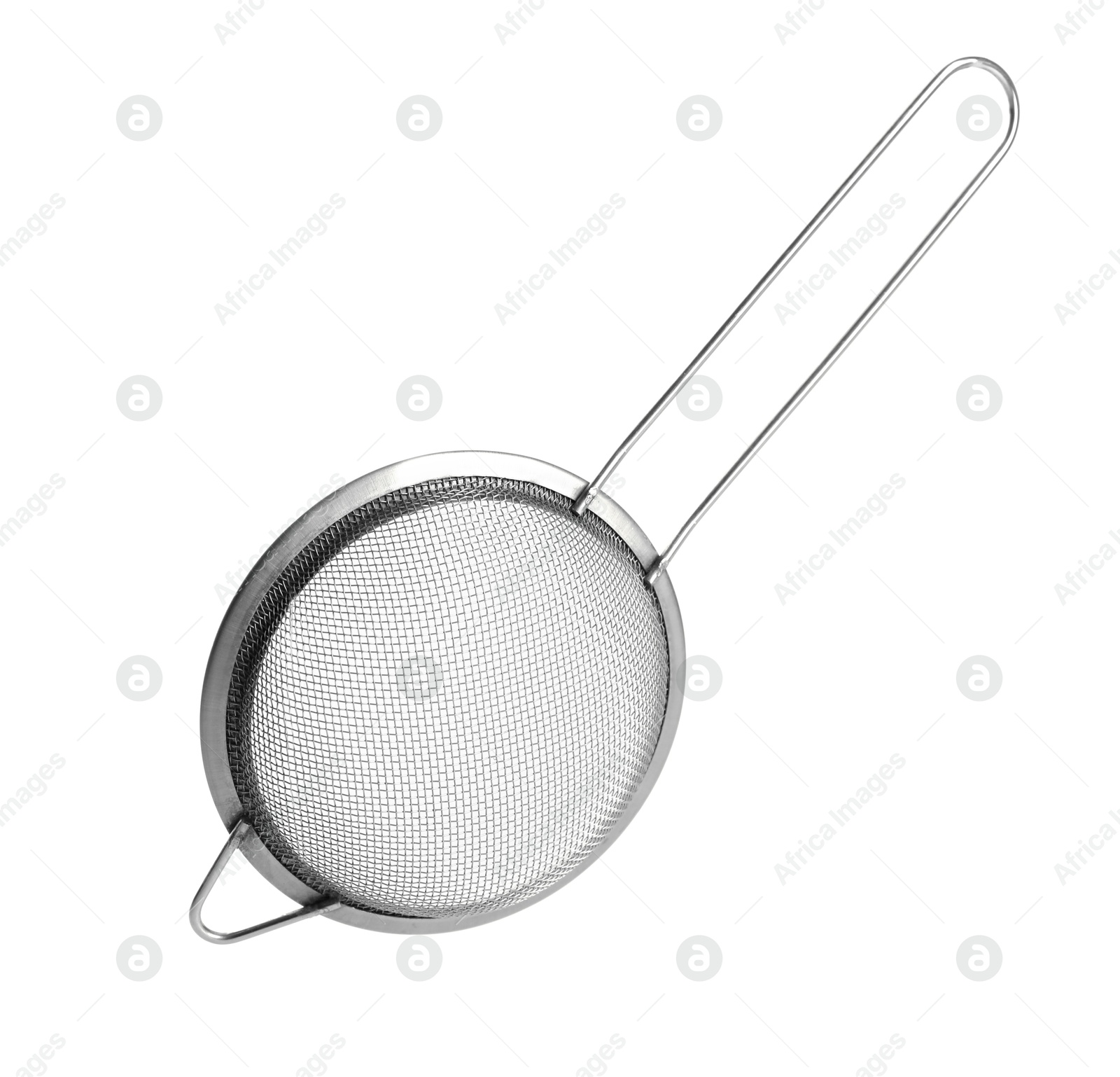 Photo of One metal sieve isolated on white. Kitchen utensil