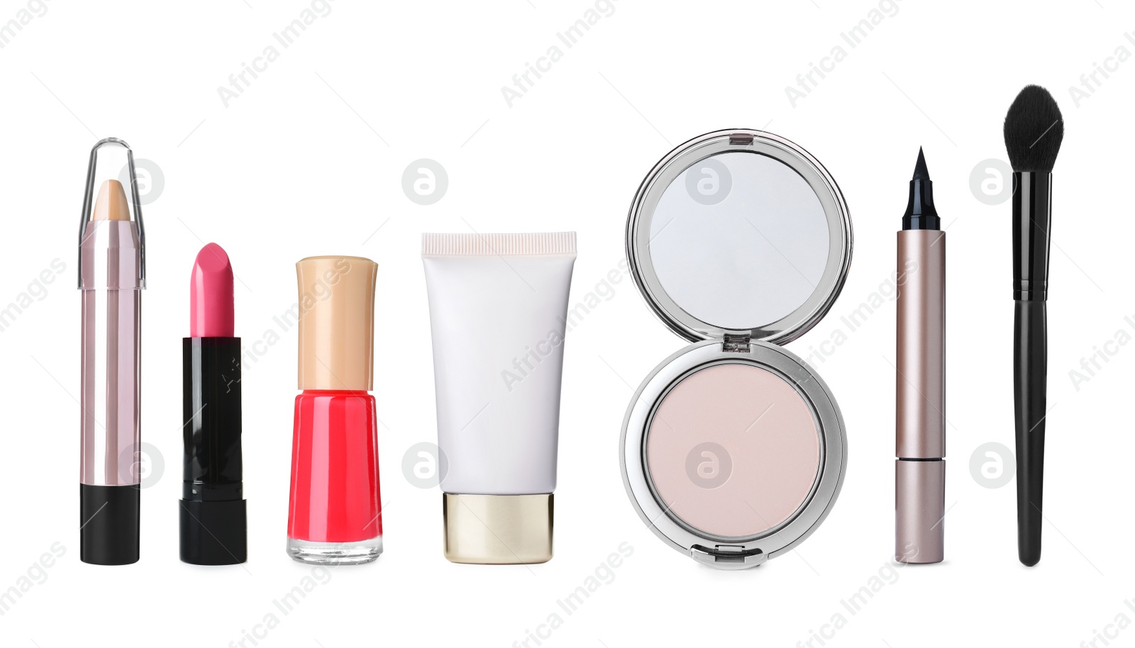 Image of Set with different decorative cosmetics on white background. Banner design