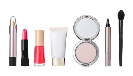 Image of Set with different decorative cosmetics on white background. Banner design