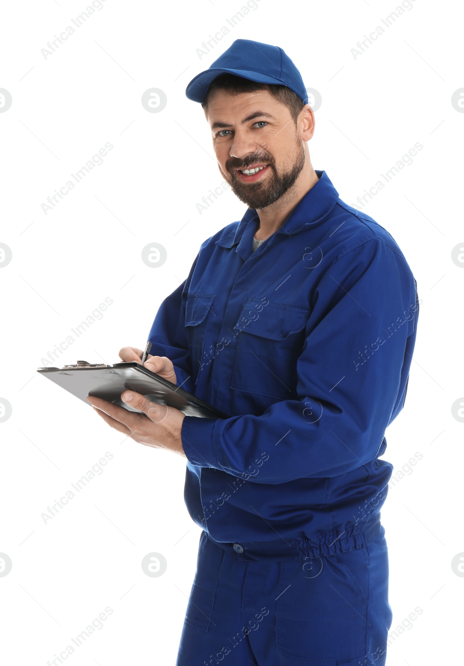 Photo of Portrait of professional auto mechanic with clipboard on white background