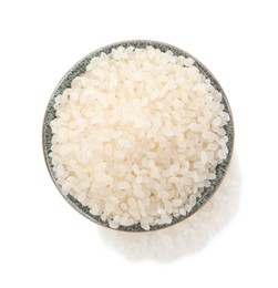 Bowl with raw rice isolated on white, top view