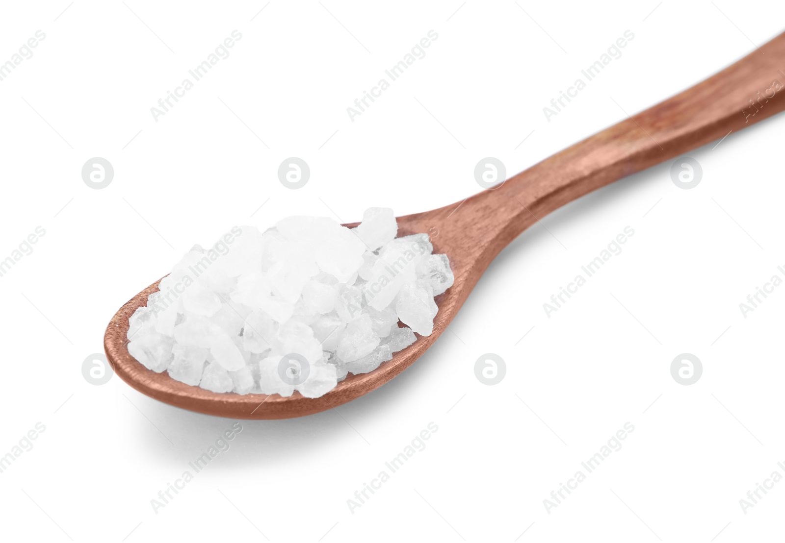 Photo of Wooden spoon with natural sea salt isolated on white