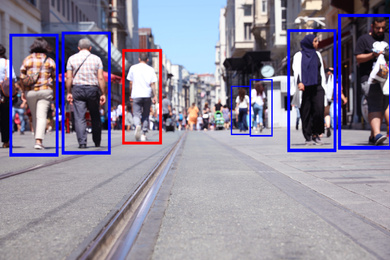 Image of Beautiful city street with scanner frames on people outdoors, low angle view. Machine learning