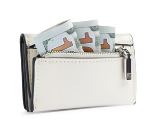 Photo of Stylish leather purse with dollar banknotes on white background
