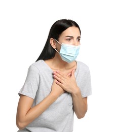 Photo of Young woman with protective mask suffering from breathing problem on white background