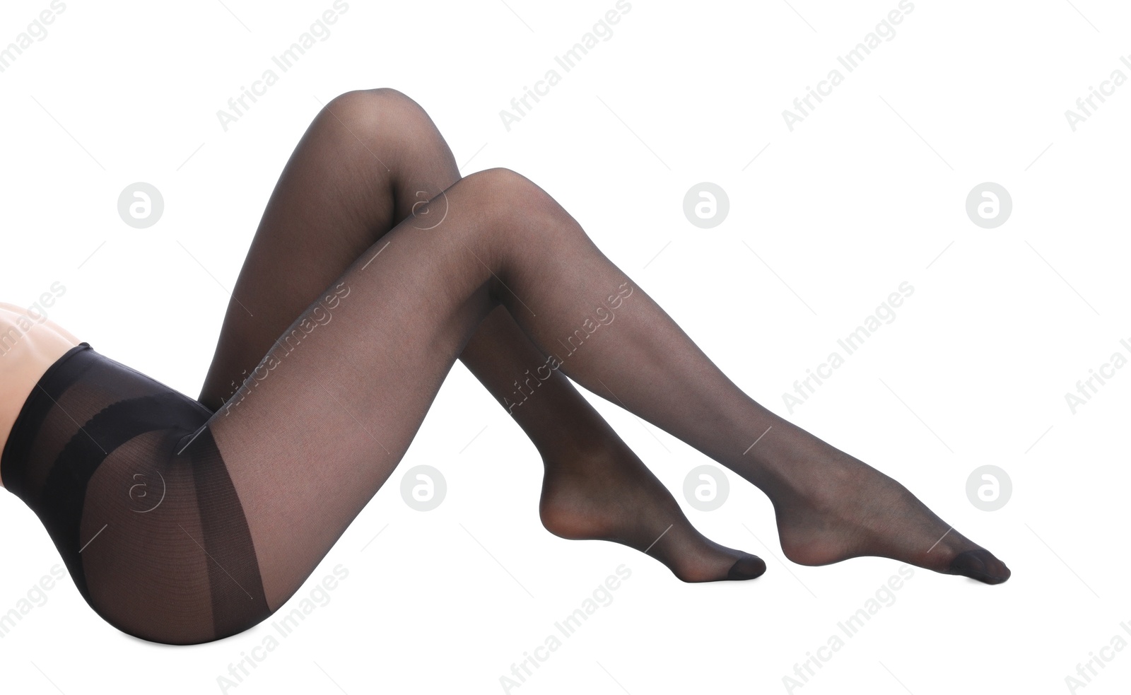 Photo of Woman wearing black tights isolated on white, closeup of legs