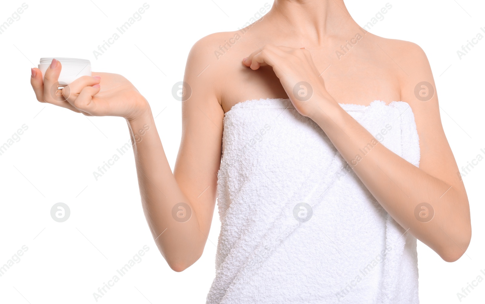 Photo of Young woman with jar of body cream on white background