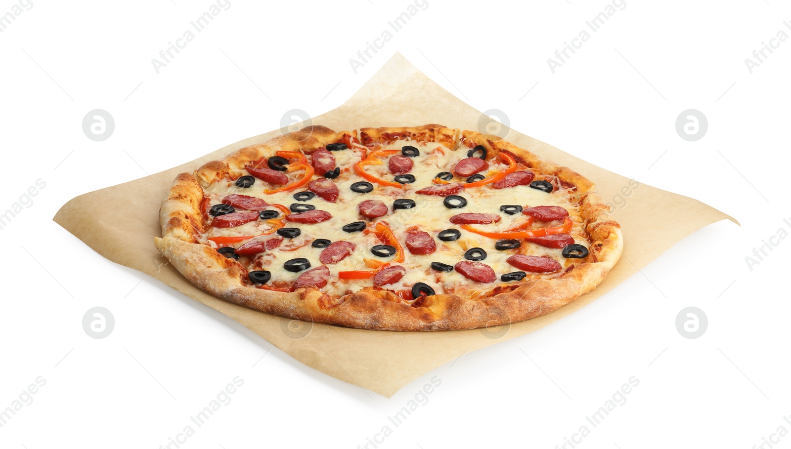 Photo of Tasty pizza with cheese, dry smoked sausages, olives and pepper isolated on white