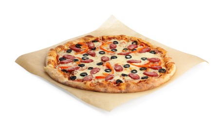 Photo of Tasty pizza with cheese, dry smoked sausages, olives and pepper isolated on white