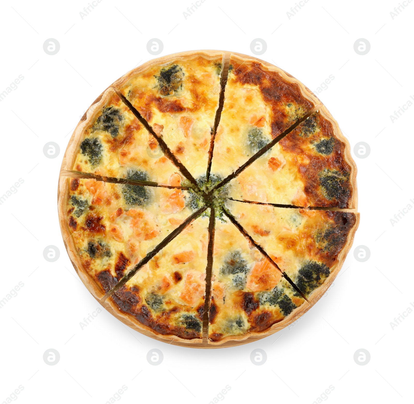 Photo of Delicious homemade quiche with salmon and broccoli isolated on white, top view