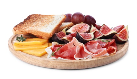 Delicious ripe figs, prosciutto and cheese on white background