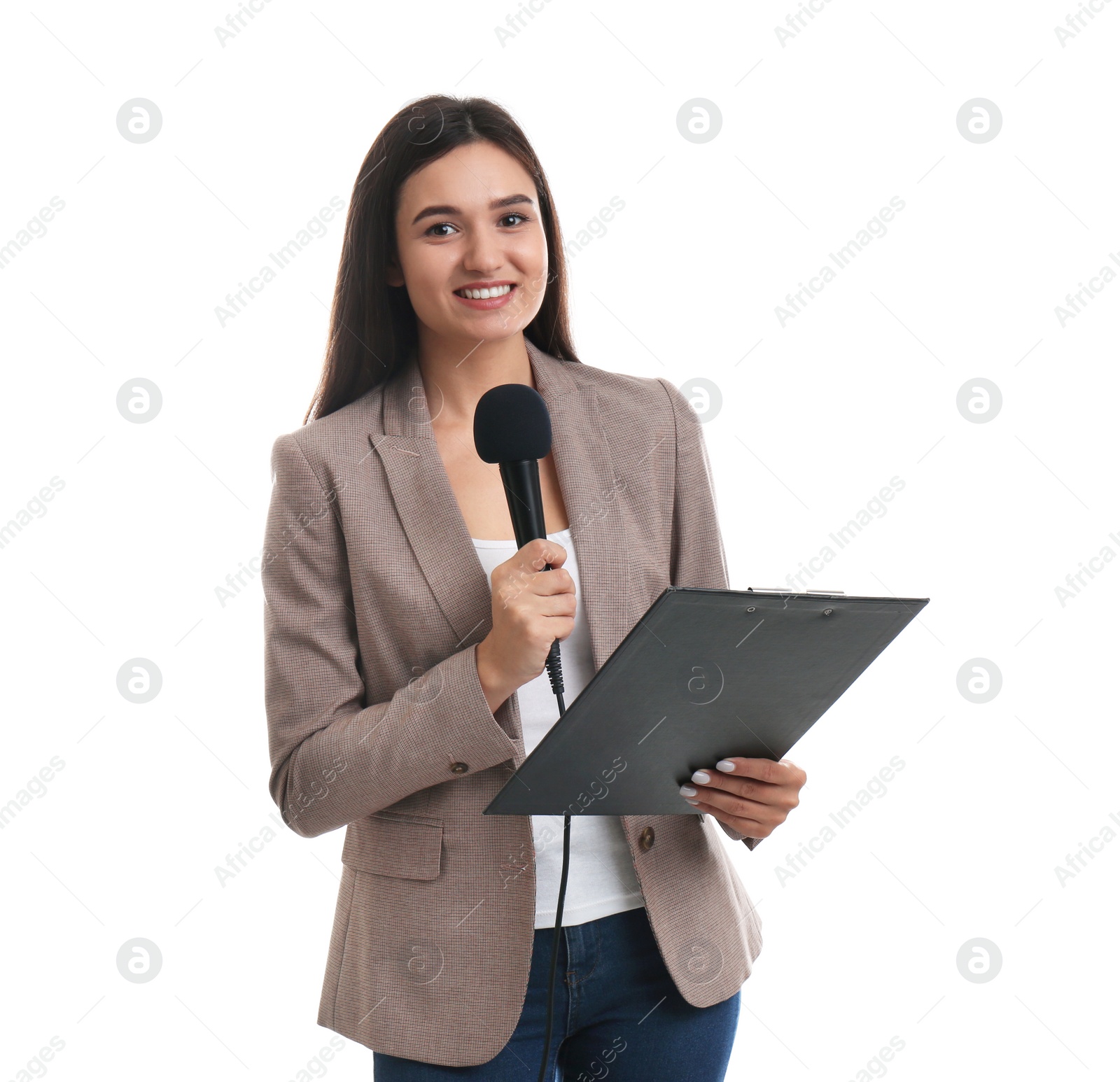 Photo of Young female journalist with microphone and clipboard on white background