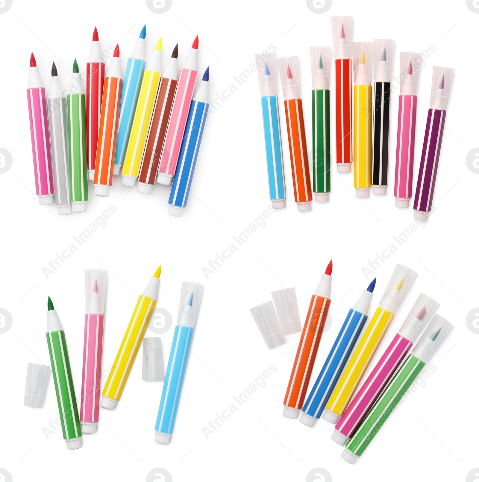 Image of Collage with many colorful felt tip pens on white background, top view