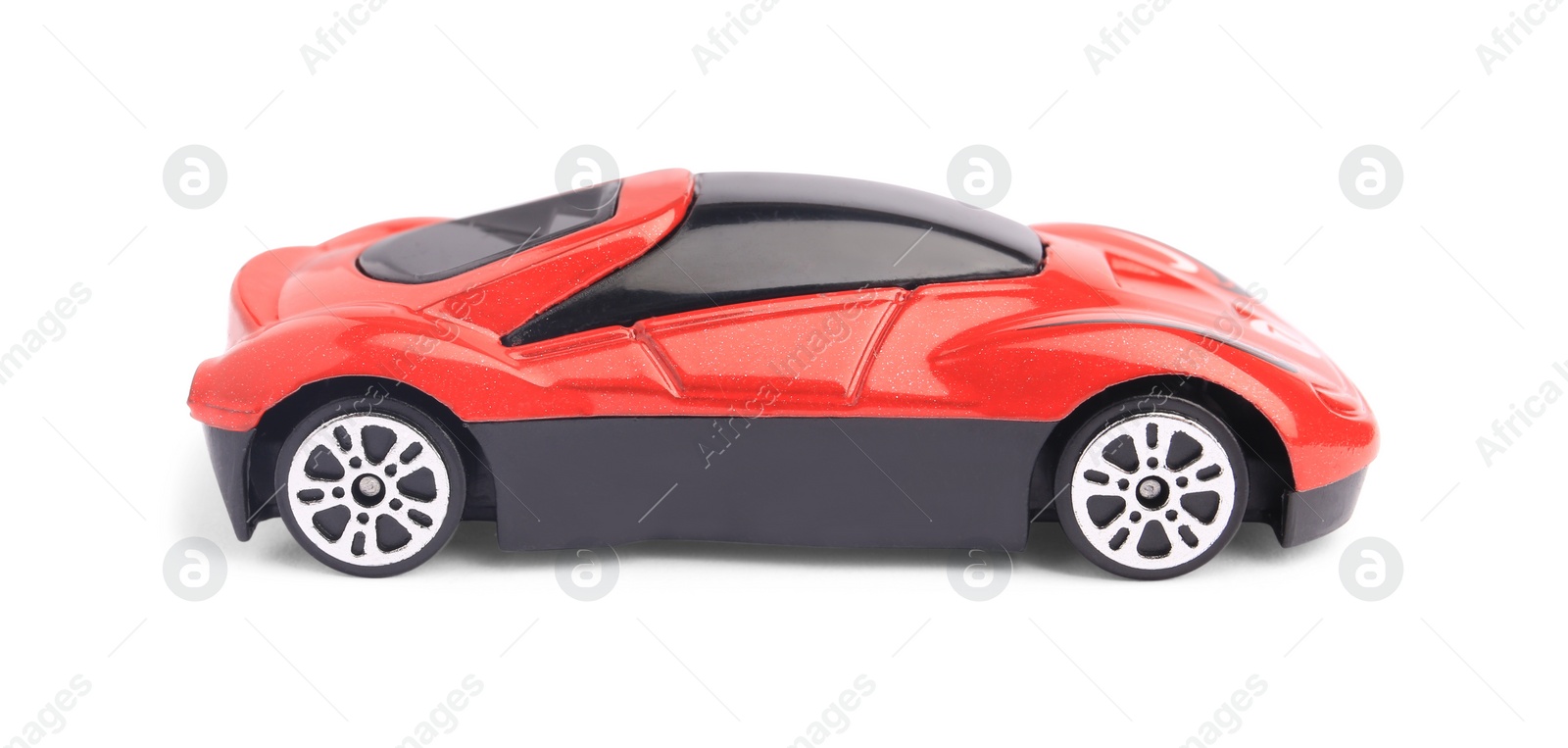 Photo of One red car isolated on white. Children`s toy