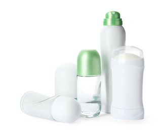 Photo of Different deodorants on white background. Skin care