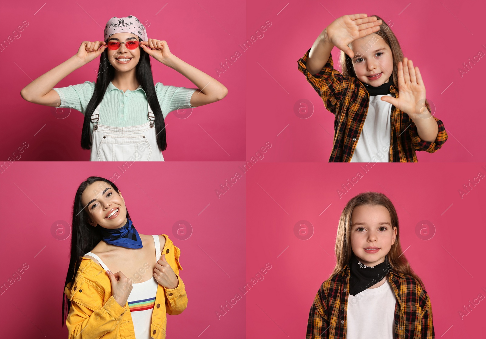 Image of Collage with photos of woman and little girl wearing stylish bandanas on pink background