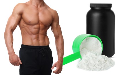 Image of Bodybuilding. Man with muscular torso on white background, closeup. Protein powder in jar and measuring cup