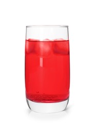 Photo of Glass of red soda water with ice cubes isolated on white