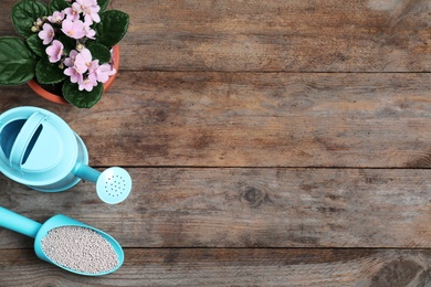 Photo of Flat lay composition with gardening tools and chemical fertilizer on wooden table. Space for text