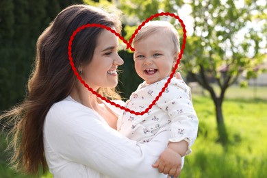 Image of Illustration of red heart and happy mother with her cute baby in park on sunny day
