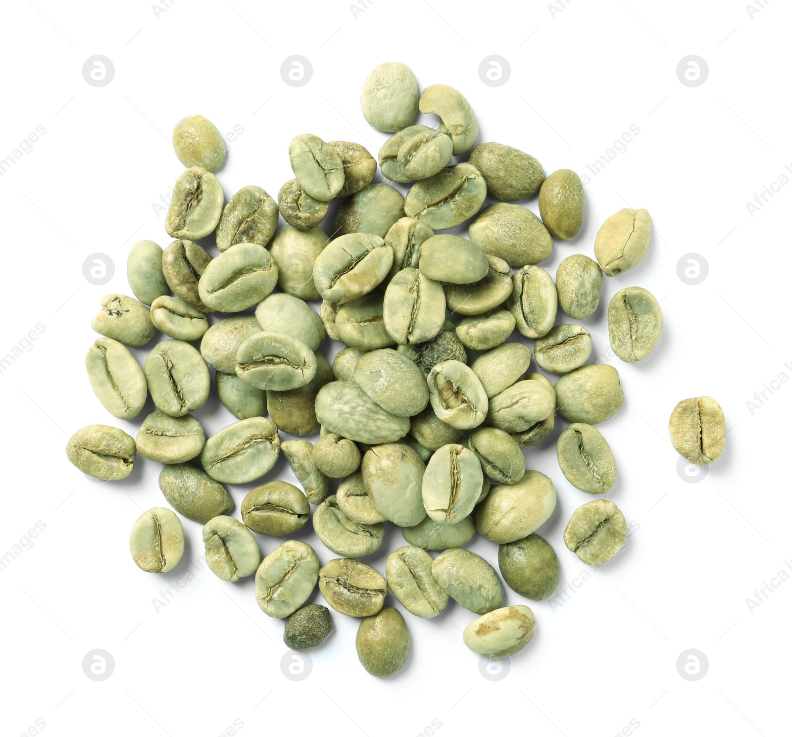 Photo of Pile of green coffee beans on white background, top view