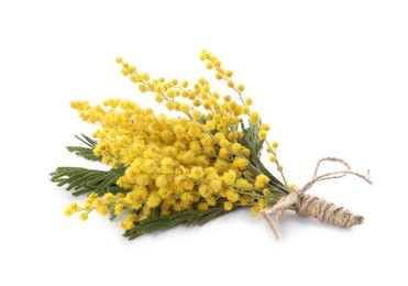 Photo of Bouquet of beautiful yellow mimosa flowers isolated on white