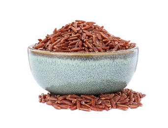 Bowl with raw red rice isolated on white