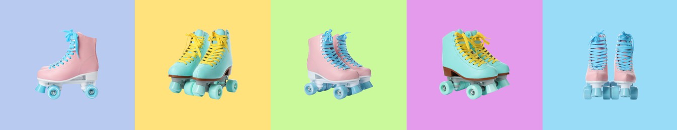 Image of Collage with roller skates on various color backgrounds, views from different sides. Banner design