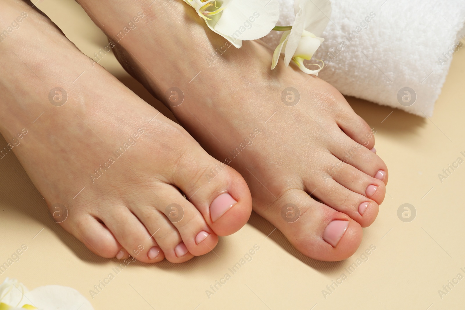 Photo of Woman with neat toenails after pedicure procedure on beige background, closeup