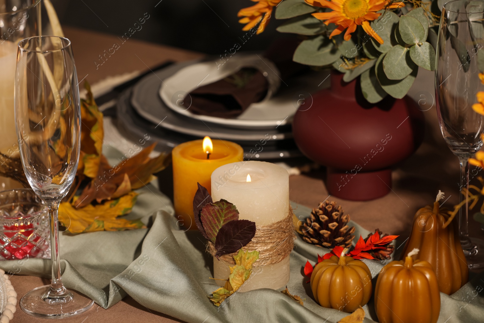 Photo of Beautiful autumn place setting and decor for festive dinner on table