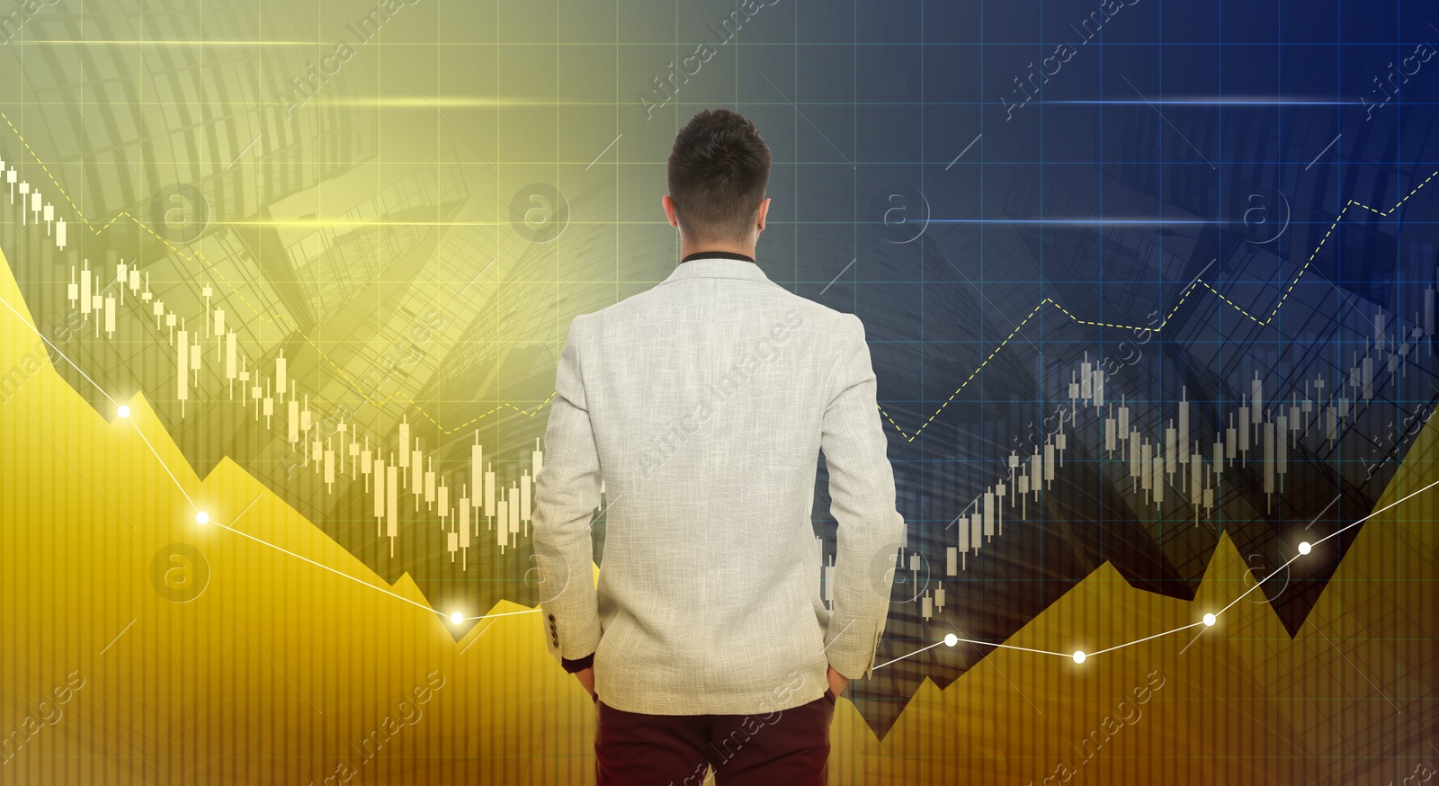 Image of Charts with schemes, businessman and modern building on background. Stock exchange trading