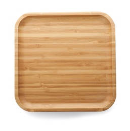 Photo of Plate made of bamboo on white background, top view