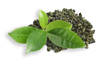 Dry green tea and fresh leaves on white background