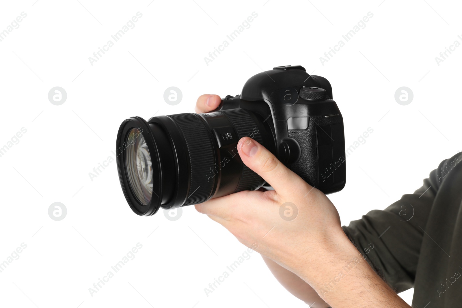 Photo of Photographer holding modern camera on white background, closeup