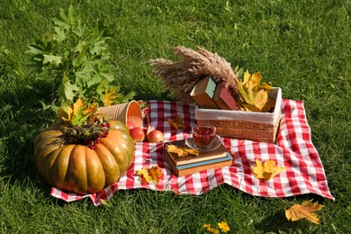 Books, cup of tea and pumpkin on plaid outdoors. Autumn atmosphere