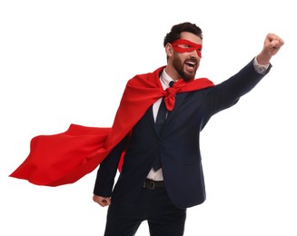 Photo of Emotional businessman wearing red superhero cape and mask on white background