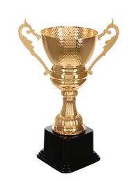 Photo of Shiny gold cup on white background. Winner's trophy