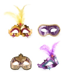 Image of Set of beautiful carnival masks on white background 