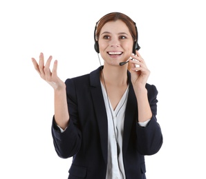 Photo of Female technical support operator with headset isolated on white