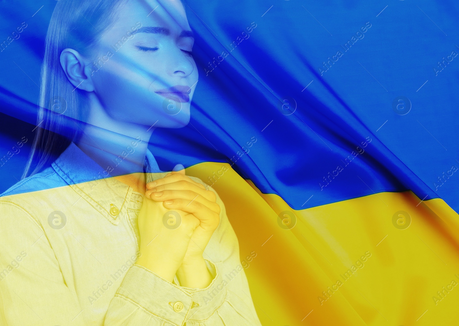 Image of Double exposure of national flag and woman praying. Stop war in Ukraine