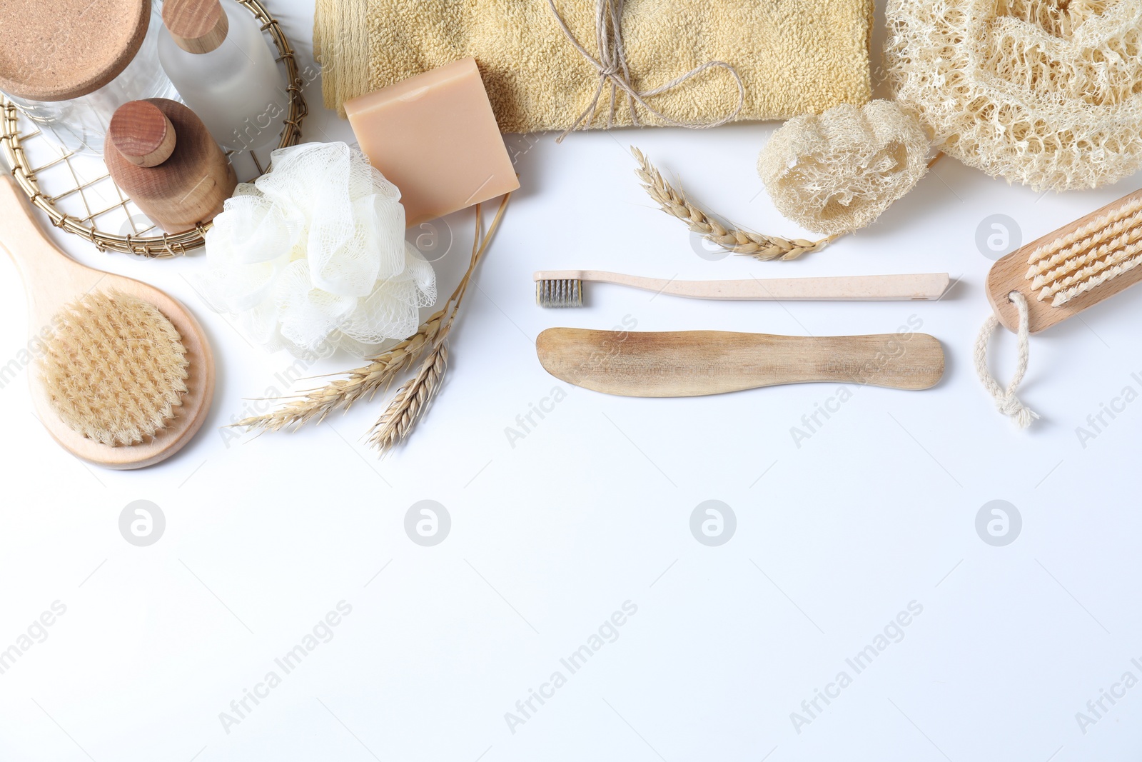 Photo of Bath accessories. Flat lay composition with personal care products on white background, space for text